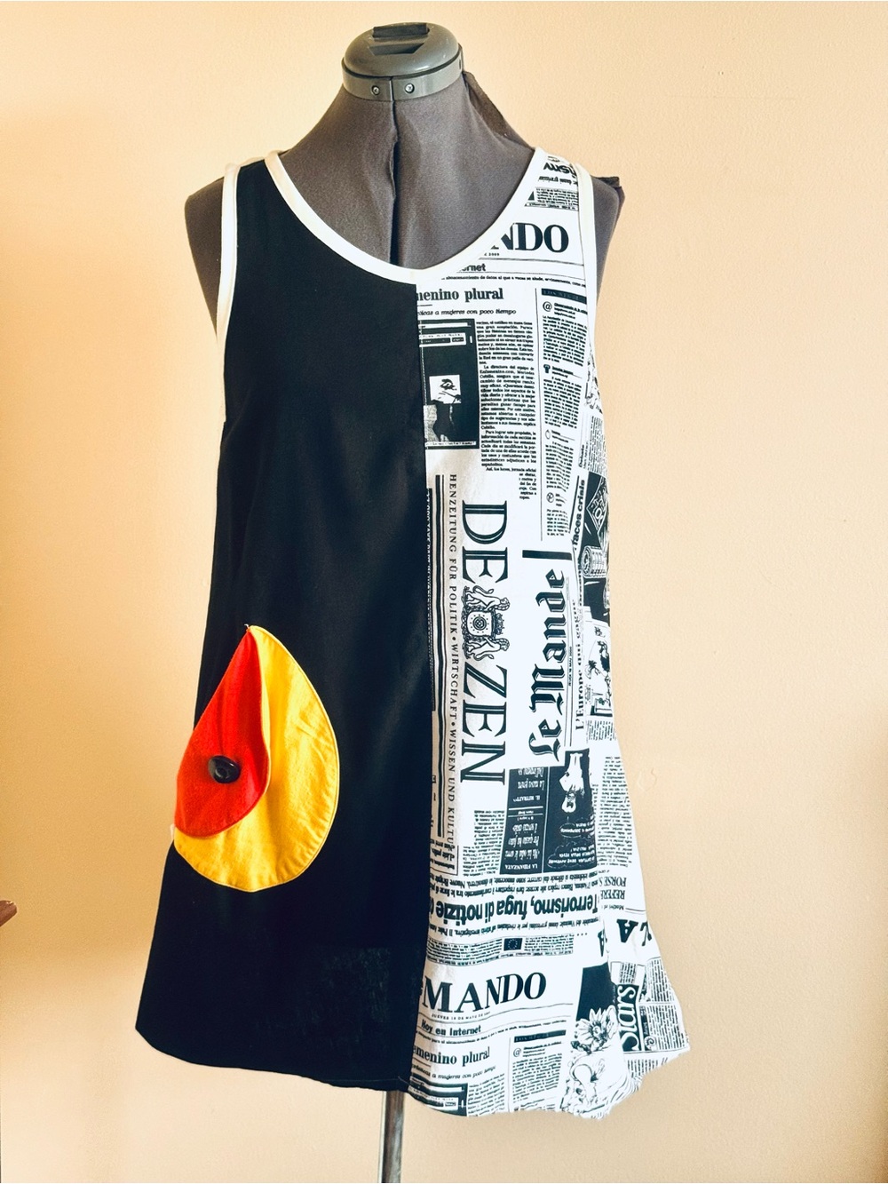 One of a Kind Black & Newspaper Print Sleeveless Dress with Color Block Pocket